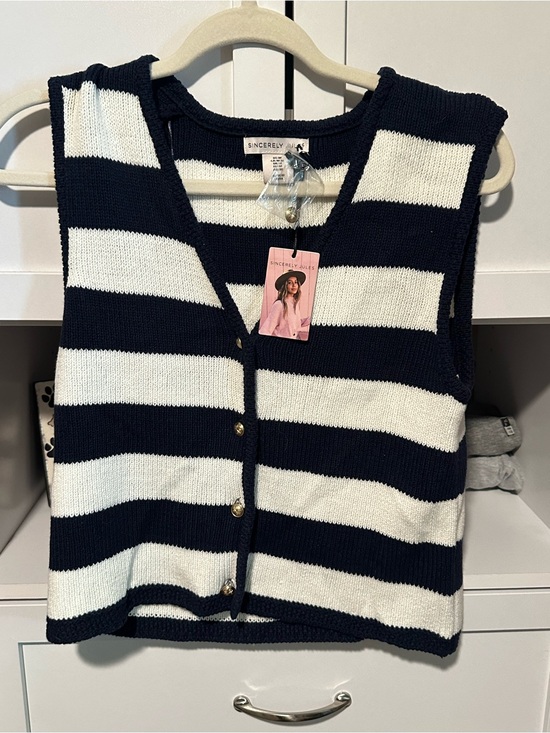Sincerly Jules Sweaters - Sincerely Jules Navy and White Striped Knit Button Vest
